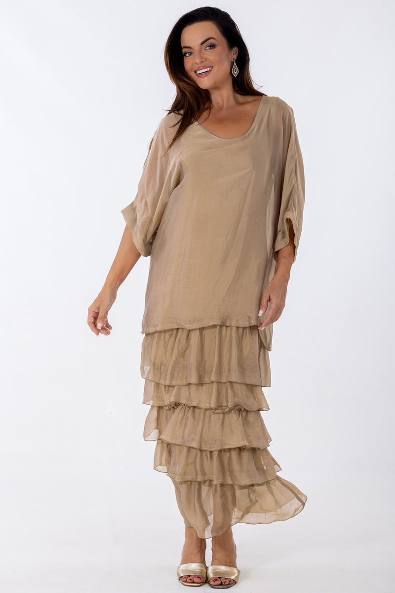 Sheer Dolman Tier Occasion Dress | Gold