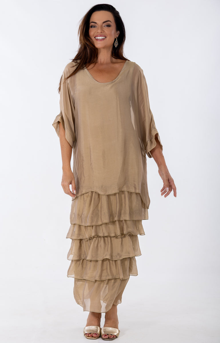 Sheer Dolman Tier Occasion Dress | Gold
