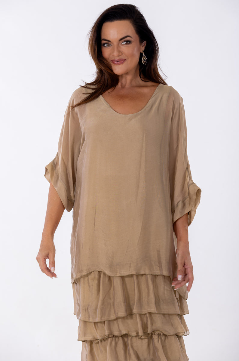 Sheer Dolman Tier Occasion Dress | Gold