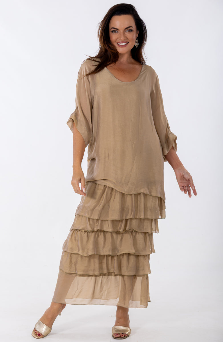 Sheer Dolman Tier Occasion Dress | Gold
