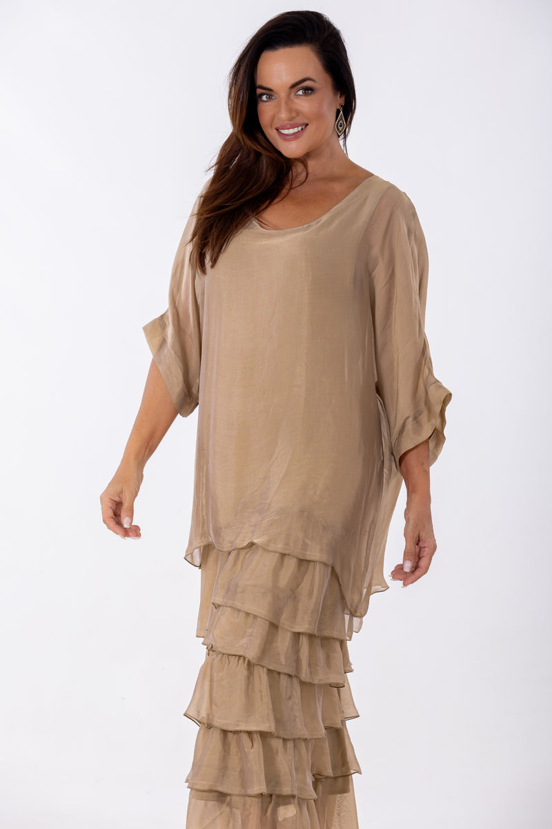 Sheer Dolman Tier Occasion Dress | Gold