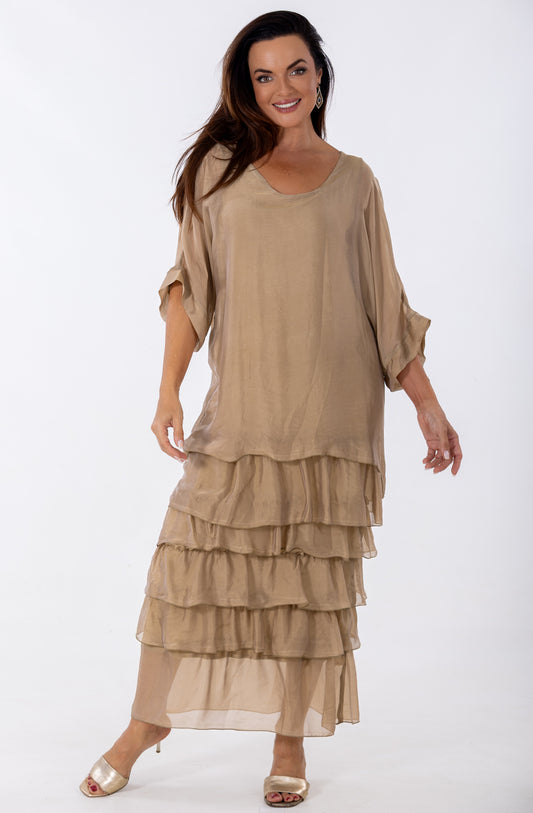 Sheer Dolman Tier Occasion Dress | Gold